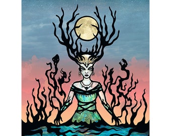 Witch of the Sea, ART PRINT, Dark Fantasy Illustration, Sea Goddess, Papercutting