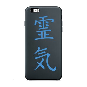 May include: A black iPhone case with a blue kanji design. The kanji characters are "霊気" which translates to "spiritual energy".