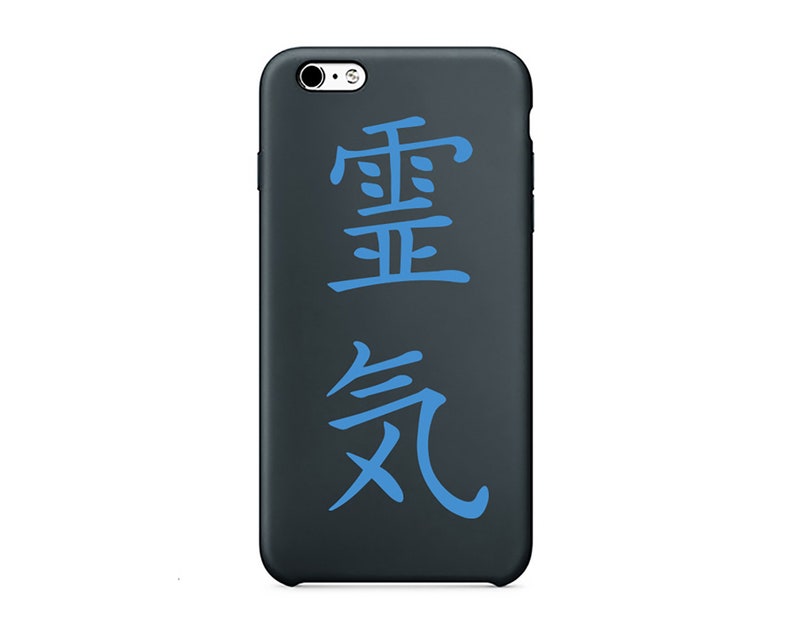 May include: A black iPhone case with a blue kanji design. The kanji characters are "霊気" which translates to "spiritual energy".