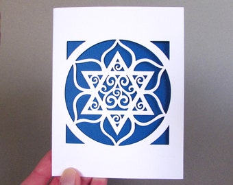 Jewish Holiday Passover Card Hanukkah Star of David Blue & White Mandala Paper Cut Jewish Art