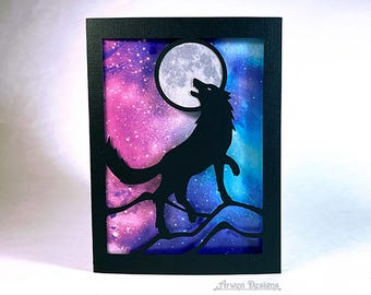 Howling Wolf Card, Full Moon Silhouette, Halloween Card, Cut Paper Wolf Art, Fathers Day, Animal Note Card