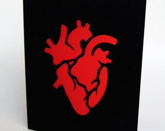 Anatomical Heart Valentine, Black & Red Card, Valloween, Cut Paper Silhouette Art