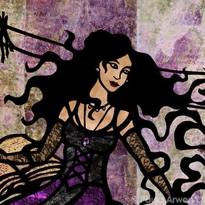 May include: A woman with long black hair and a purple dress sits with an open book in front of her. She wears a necklace and earrings. A brown and white owl sits on a branch above her.