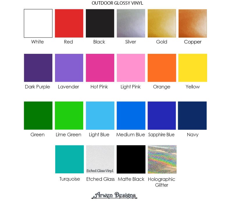 K&ouml;nnte beinhalten: Eine Farbkarte mit dem Titel OUTDOOR GLOSSY VINYL, die dreiundzwanzig quadratische Vinyl-Farbmuster in verschiedenen Farben zeigt, darunter Wei&szlig;, Rot, Schwarz, Silber, Gold, Kupfer, Lila, Lavendel, Pink, Orange, Gelb, Gr&uuml;n, Blau und holografischer Glitzer.