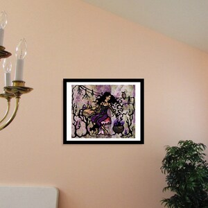 May include: A framed illustration of a woman with long dark hair wearing a purple dress and holding a cauldron. She is surrounded by trees and owls. The background is a purple and gray watercolor wash.