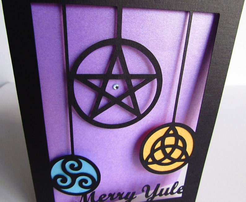 PAGAN Wiccan Greeting Card MERRY YULE Modern Cut Paper Purple image 2