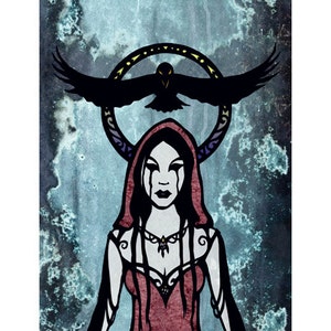 Raven Goddess Gothic ART PRINT, Morrigan, Crow Woman, Cut Paper Illustration