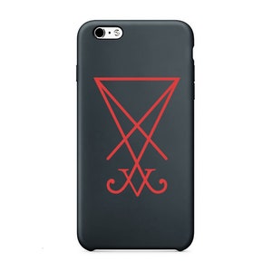 May include: A black phone case with a red sigil of the inverted pentagram.
