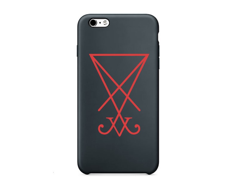 May include: A black phone case with a red sigil of the inverted pentagram.