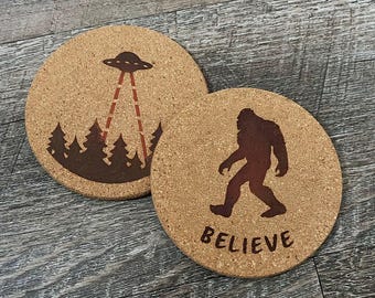 Bigfoot UFO Coasters, Natural Cork Coaster, Cryptid gifts, Alien Sci-fi Decor, Paranormal Barware