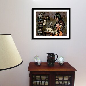 May include: A framed illustration of a woman writing in a book with a bird perched on a stack of books behind her. The woman is wearing a long dress and has long brown hair. The background is a textured brown color.