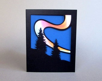 Northern Lights Holiday Card - Aurora Borealis Christmas Solstice Greeting Card Paper Art