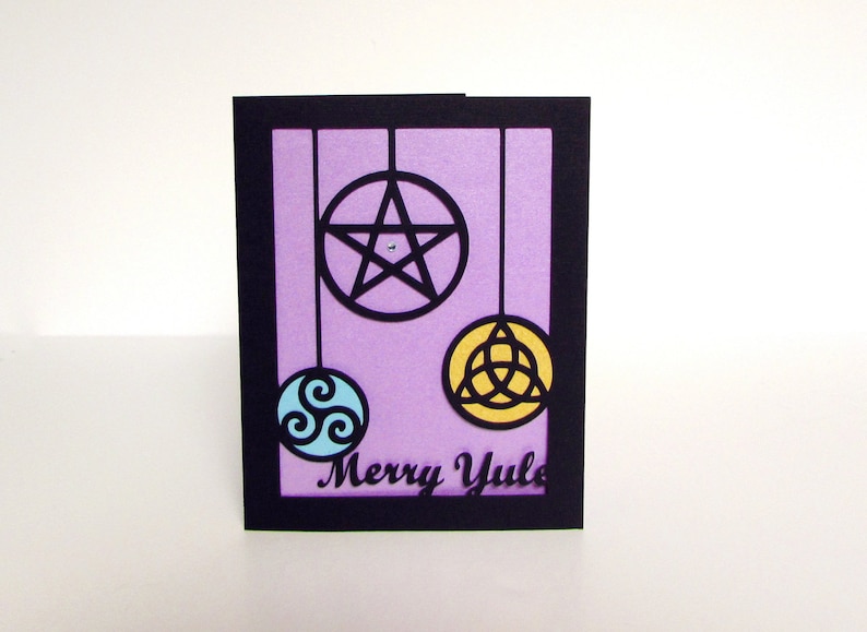 PAGAN Wiccan Greeting Card MERRY YULE Modern Cut Paper Purple image 1