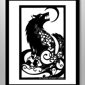 Fenris Wolf ART PRINT Norse Mythology, Viking Art, Fenrir Cut Paper Silhouette, Black and White