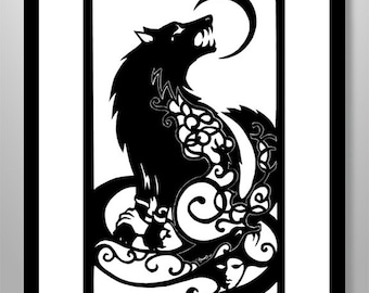 Fenris Wolf ART PRINT Norse Mythology, Viking Art, Fenrir Cut Paper Silhouette, Black and White