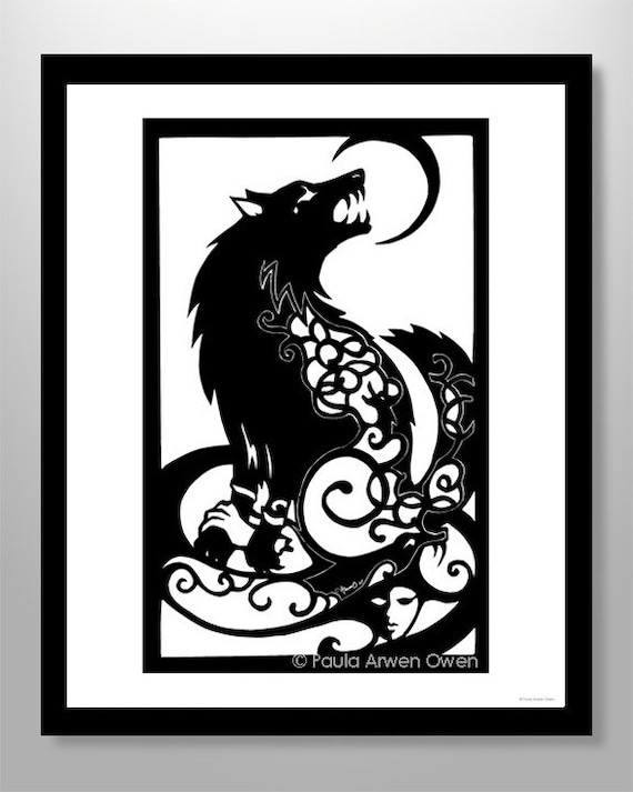 Fenris Wolf KUNSTDRUCK nordische Mythologie, Wikinger Kunst, Fenrir  geschnitten Papier Silhouette, schwarz weiß - .de