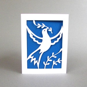Peace Dove Holiday Card, Handmade Christmas Greeting Card, Hannukah, Solstice, Blue and White