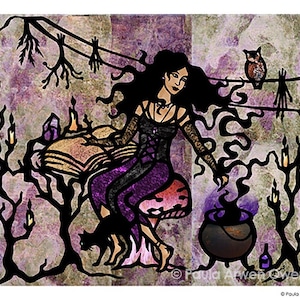 Book of Spells Witch ART PRINT, Wiccan Decor, Witchy Art, Witches Cauldron, Fantasy Cut Paper Art image 1