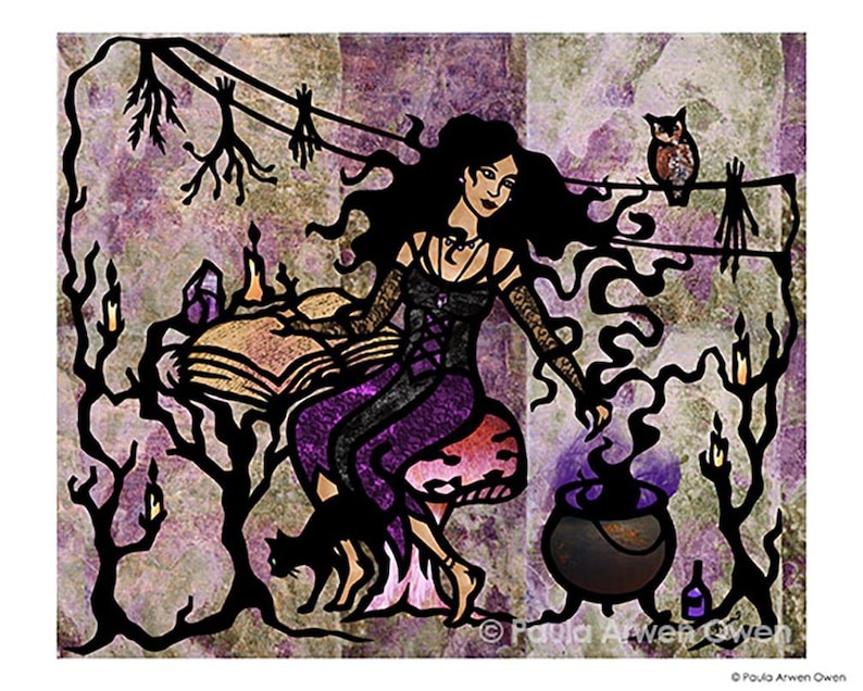 Book of Spells Witch ART PRINT, Wiccan Decor, Witchy Art, Witches Cauldron, Fantasy Cut Paper Art image 1
