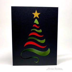 Carte de sapin de Noël moderne, cartes de vœux de luxe noir, sapin de Noël découpé, carte de voeux faite main
