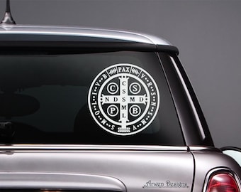 Saint Benedict Medal CAR DECAL, Benedictine Cross, St Benedict Symbol, Christian Sticker, Protection Charm