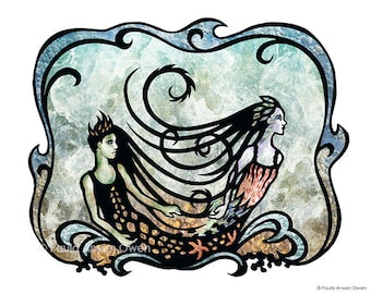 Water Nymph ART PRINT Ocean Fantasy Fairytale Mermaid Cut Paper Art