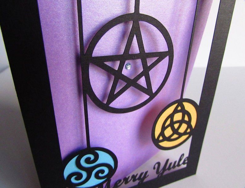 PAGAN Wiccan Greeting Card MERRY YULE Modern Cut Paper Purple image 4