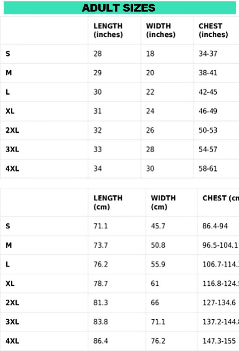 Pode incluir: Um gr&aacute;fico mostrando os tamanhos adultos para roupas em polegadas e cent&iacute;metros. O gr&aacute;fico lista os tamanhos de S a 4XL e inclui medidas de comprimento, largura e peito.