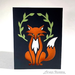 Fox Greeting Card, Woodland Animal Holiday Card, Folk art Fox with wreath, Paper Cut Card, Christmas Fox