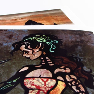 May include: A woman with dark hair and a green floral crown is depicted in a stained glass style. She has a skeletal appearance and is wearing a red and gold patterned dress. The background is a dark, textured surface.