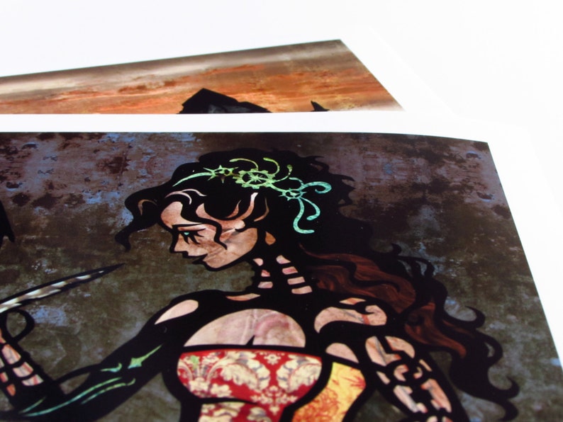 May include: A woman with dark hair and a green floral crown is depicted in a stained glass style. She has a skeletal appearance and is wearing a red and gold patterned dress. The background is a dark, textured surface.