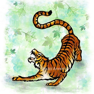 虎のアートプリント水彩切り紙アート、動物アート、アジアの虎、猫のギフト