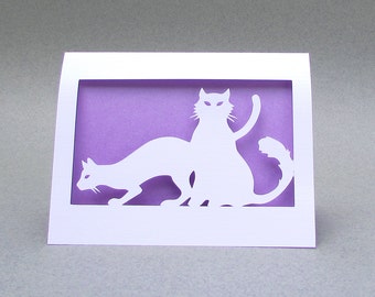 Cat Silhouette Art Greeting Card Cut Paper - Purple & White - Gift for cat lovers