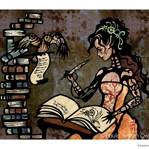 Keeper of Wisdom ART PRINT, Dark Academia, Steampunk art, Cut Paper Collage Art, Owl Goddess image 1