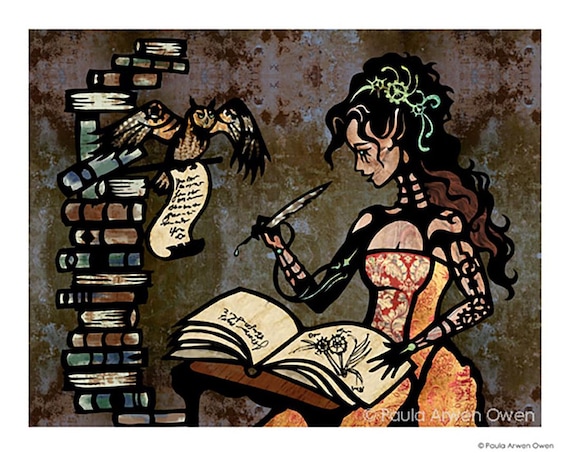 Keeper of Wisdom ART PRINT, Dark Academia, Steampunk art, Cut Paper Collage Art, Owl Goddess