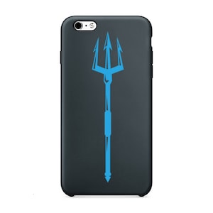 May include: A black phone case featuring a blue trident design. The trident is centered on the back of the case and has three prongs at the top. The case is designed to fit a smartphone.