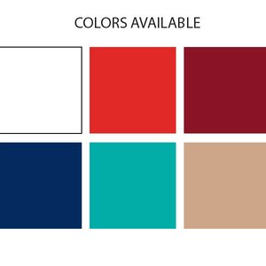 May include: A color chart showing 10 different colors. The colors are black, white, red, burgundy, purple, blue, navy blue, teal, beige, and green.