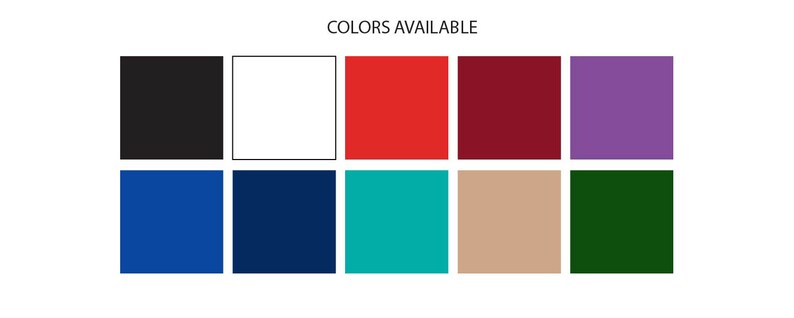 May include: A color chart showing 10 different colors. The colors are black, white, red, burgundy, purple, blue, navy blue, teal, beige, and green.