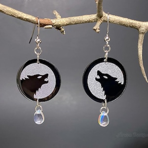 Howling Wolf Earrings, Wolf Silhouette Jewelry, Black and Silver Dangle Earrings, Wolf Moon Jewelry, Handmade earrings