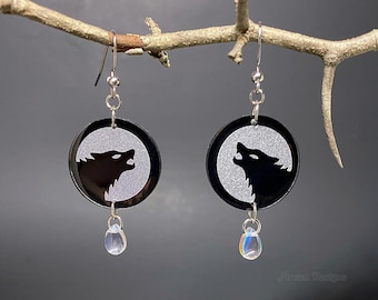 Howling Wolf Earrings, Wolf Silhouette Jewelry, Black and Silver Dangle Earrings, Wolf Moon Jewelry, Handmade earrings