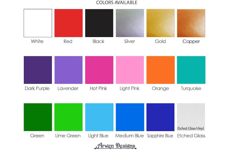 May include: A chart showing 18 different color options for a product. The colors include white, red, black, silver, gold, copper, dark purple, lavender, hot pink, light pink, orange, turquoise, green, lime green, light blue, medium blue, sapphire blue, and etched glass.