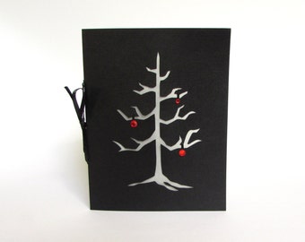 Gothic Christmas Tree Black Silhouette Greeting Card Cut Paper Red & Black