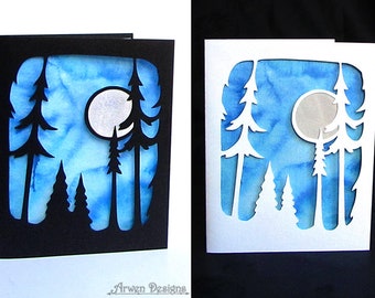 Forest Card, Nature Greeting Card, Winter Scene, Christmas Card, Solstice, Yule, Fir Tree Silhouette