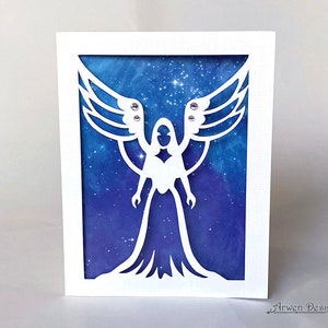 Angel card, Holiday greetings, Christmas card, Solstice card, Angel silhouette, Angel decor, Blue and white