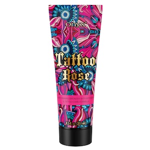 May include: A squeeze tube of Onyx Tattoo Rose dark tanning bronzer with a tattoo care formula. The tube features a vibrant, intricate pattern of pink, purple, and blue floral shapes. It contains 8.5 fl. oz. (251 mL) of product.