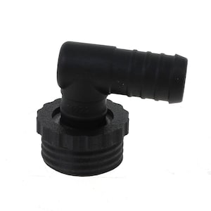 May include: A black plastic elbow fitting with a threaded base and a ribbed hose barb. The fitting is designed to connect two sections of hose at a 90-degree angle. The fitting is made of durable plastic.