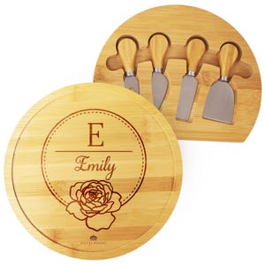 Personalized Round Wood Cheese Hinge Board & Knife Travel Set, Wedding Anniversary Corporate Housewarming Gift, Engraved Charcuterie Platter