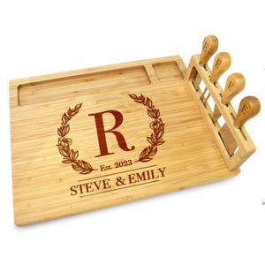 Personalized Round Wood Cheese Hinge Board & Knife Travel Set, Wedding Anniversary Corporate Housewarming Gift, Engraved Charcuterie Platter