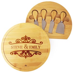 Personalized Swiveling Bamboo Charcuterie Board with Cheese Knives, Weddings, Housewarming, Showers, Client Holiday, Closing Gift
