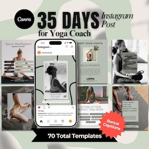 Pode incluir: Gráfico promocional para um treinador de ioga, com uma maquete de smartphone exibindo postagens do Instagram. O design inclui o texto "35 DIAS para Coach de Yoga" e "70 Modelos no Total". O esquema de cores é principalmente verde e branco.